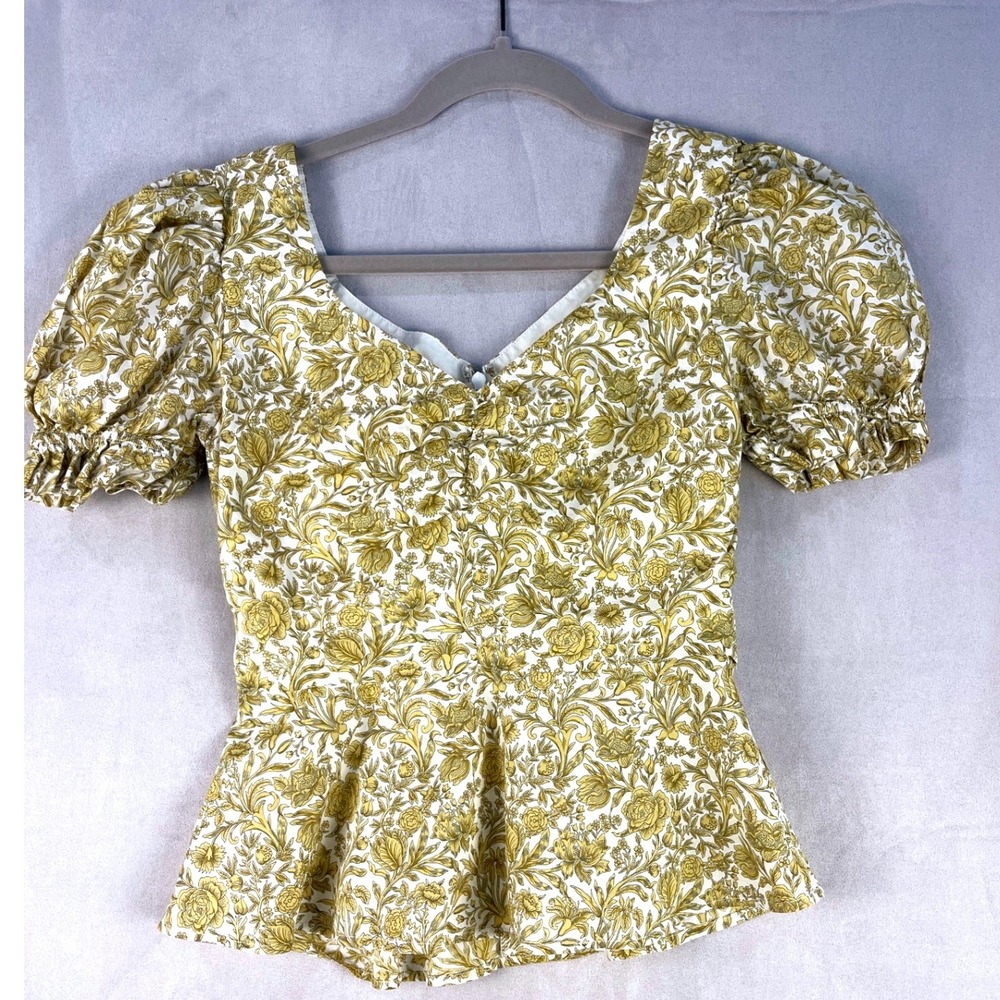 Antonio Melani Mustard Yellow Floral Toile Puff Sleeve Peplum Top Sz 4 Coquette